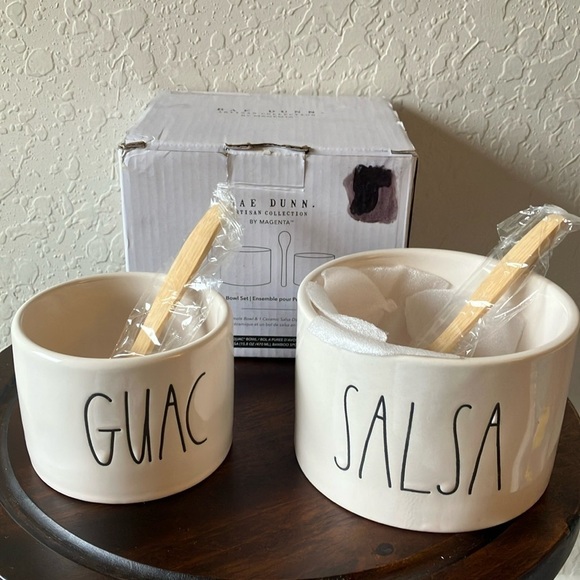 Rae Dunn: Artisan Guac & Salsa Bowl Set- 2 Bamboo Spoons - Picture 1 of 16